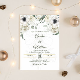 Weiß Schwarz Grün Elegante Anemone Hochzeit Einladung