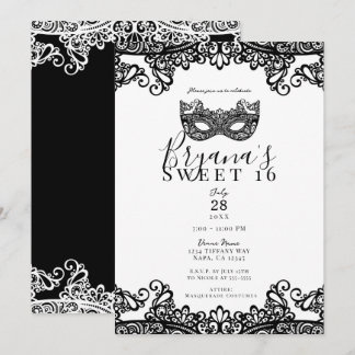 Weiß & Schwarz Spitzen Masquerade Sweet 16 Party Einladung