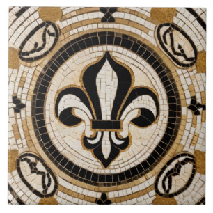 Weiß Schwarz und Gold Fleur de Lis Faux-Mosaik Fliese