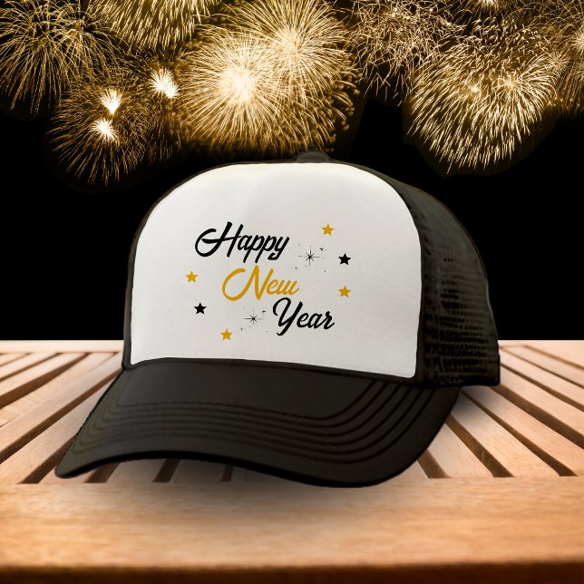 Weiß Schwarz und Gold glücklich Neues Jahr Truckerkappe (White Black & Gold Happy New Year Trucker Hat)