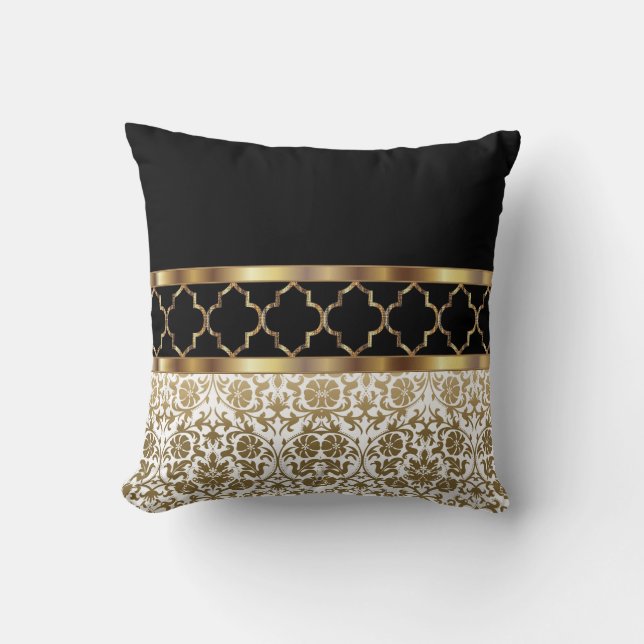 Weiß, Schwarz und Gold Quatrefolien und Damask Mus Kissen (Vorderseite)