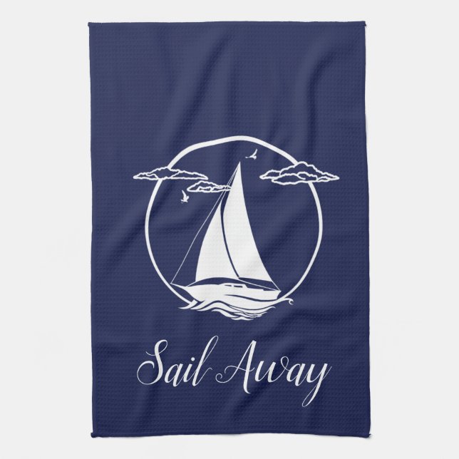 Weiß-Segel-Boot/Segel-weg/ Silhouette Geschirrtuch (Vertikal)