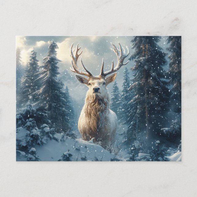 Weiß Stag im Winterwald Kunst Postkarte (Vorderseite)