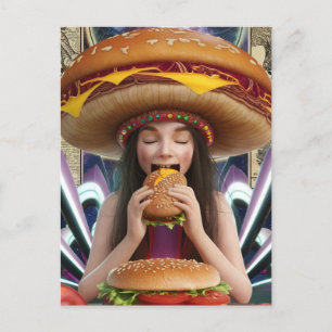 Weiß Surreal Girl mit Cheeseburger Hat Scifi Postkarte