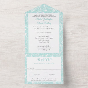 Weiß Teal Filigran Paisley Henna Hochzeit RSVP All In One Einladung