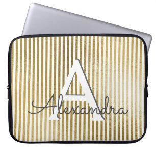 Weiß u. Goldfolien-gestreiftes Monogramm u. Laptopschutzhülle