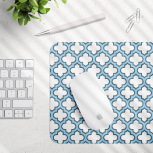 Weiß und Baby Blue Trellis, Gitter, Quatrefolie Mousepad