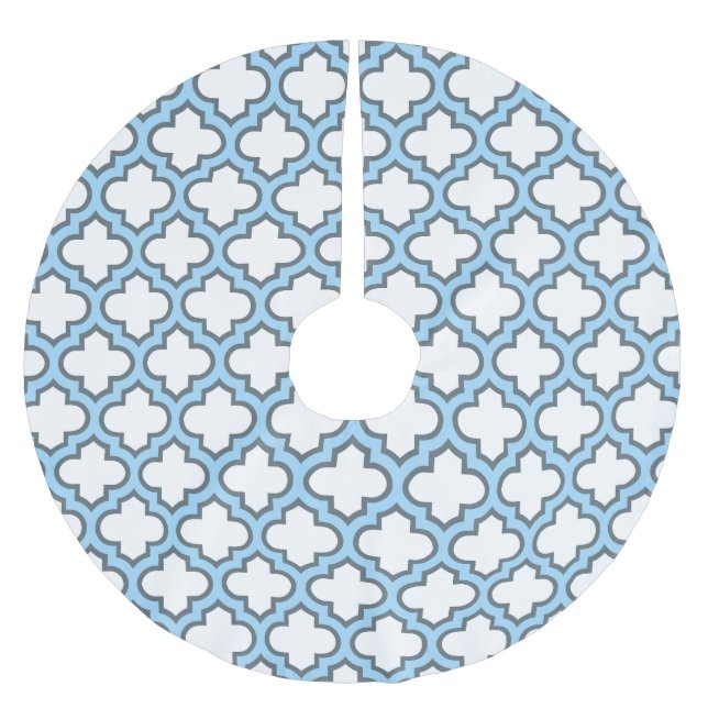 Weiß und Baby Blue Trellis, Gitter, Quatrefolie Polyester Weihnachtsbaumdecke (Vorderseite)