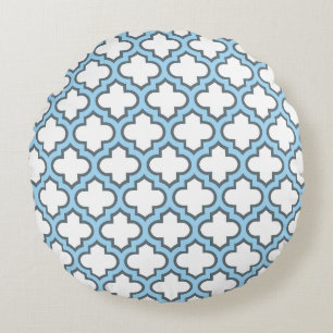 Weiß und Baby Blue Trellis, Gitter, Quatrefolie Rundes Kissen