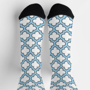 Weiß und Baby Blue Trellis, Gitter, Quatrefolie Socken