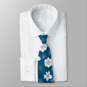 Weiß und blau grafisches Blumenmuster Krawatte