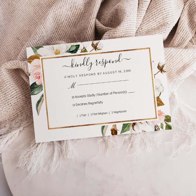 Weiß und blau Magnolia Blumenzwiebeln RSVP (White & Blush Magnolia Floral Wedding RSVP Card)