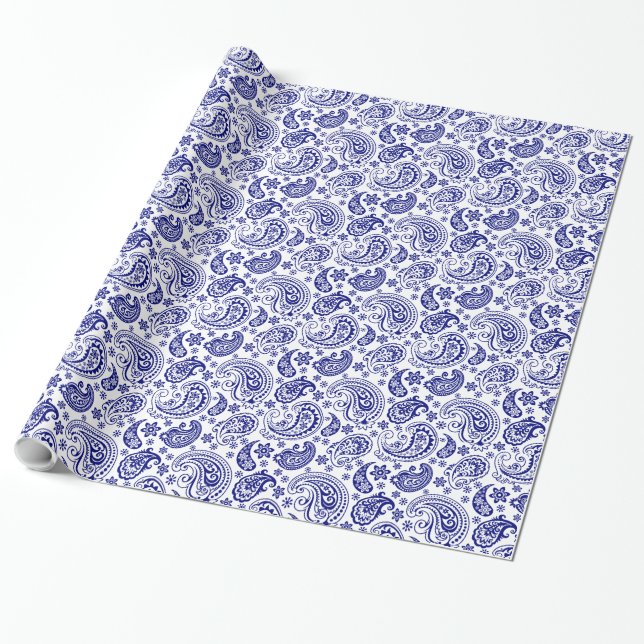 Weiß und Blau Paisley Muster Geschenkpapier (Ungerollt)