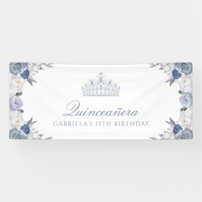 Weiß und Blauer Quinceanera Banner (Horizontal)