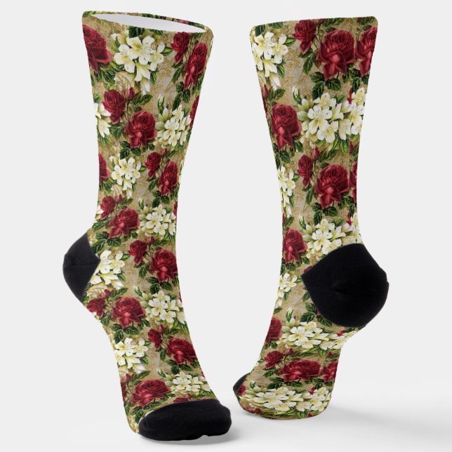 Weiß und bordeauxfarbene Blumenmuster Socken (Gewinkelt)