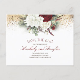 Weiß und Burgund Rot Floral Save the Date Ankündigungspostkarte