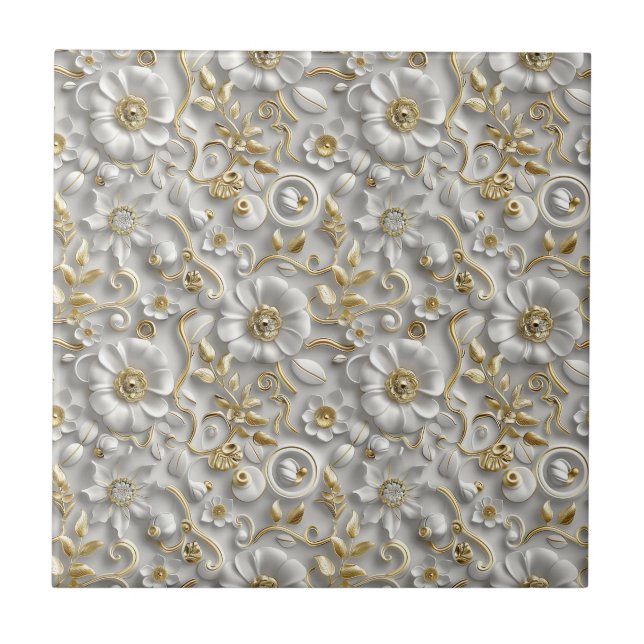 Weiß und Gold 3D Elegante Blumen Fliese (Vorderseite)