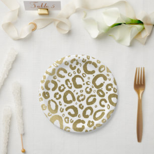 Weiß- und Gold-Glamour-Leopardenprint-Mottoparty Pappteller
