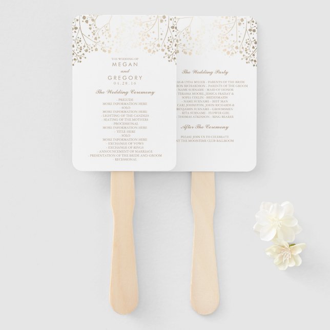 Weiß und Gold | Hochzeitsprogramm für Gipskräuter Fächer (Vorne und Hinten)
