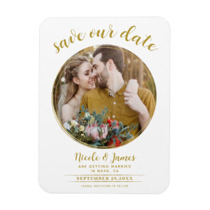 Weiß und Gold Moderne runde Foto-Save-the-Date-Kar Magnet