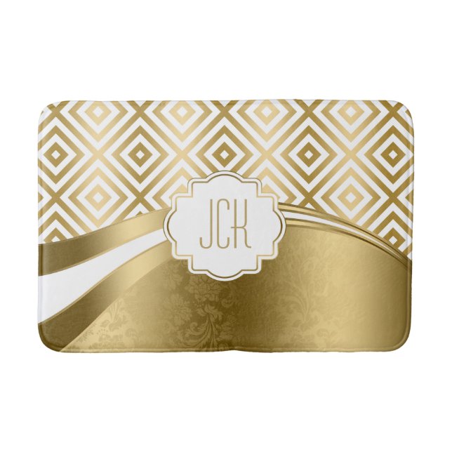 Weiß und Gold Modernes geometrisches Muster Badematte (Vorderseite)