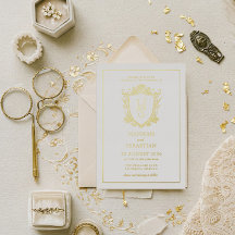 Weiß und Gold Old Money Vintage Wappen Hochzeit