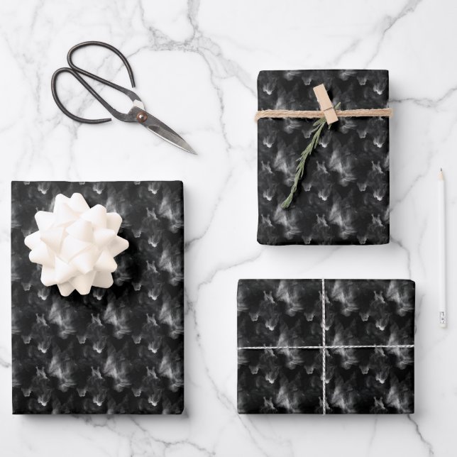 Weiß und Grau rauchen auf schwarz Geschenkpapier Set (Vorderseite)