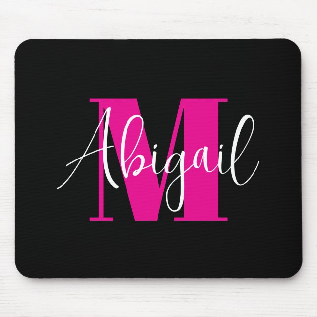 Weiß und Hot Pink Moderne Monogramm Schwarz Mousepad (Vorne)