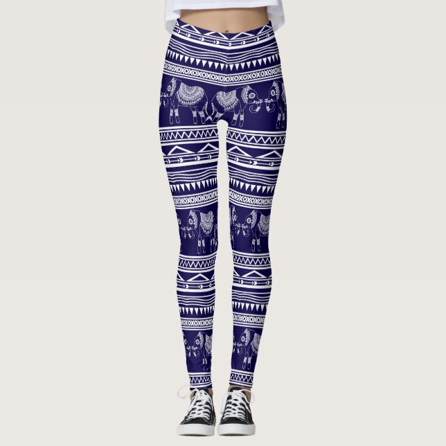 Weiß-und Marine-Blau-Elefant-Stammes- Muster Leggings (Vorderseite)