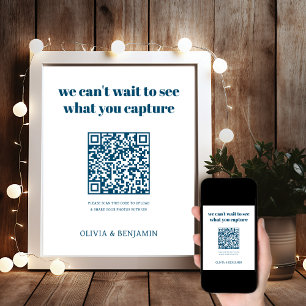 Weiß und Marine   Hochzeitsstichtag-Foto QR-Code-Z Poster