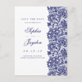 Weiß und Navy | Elegante Spitze Save the Date Ankündigungspostkarte