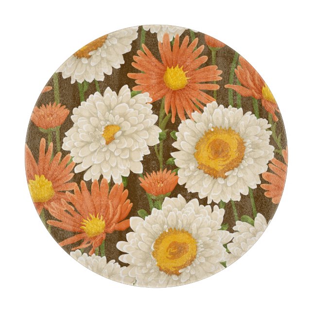 Weiß und Orange: Blumenmuster Schneidebrett (Vorderseite)