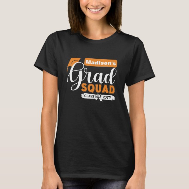 Weiß und Orange Text Weibliche Schwarze-Grad-Squad T-Shirt (Vorderseite)