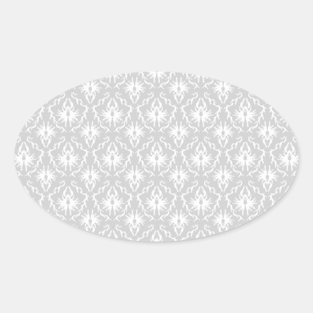 Weiß und Pastellgrau Damask Design. Ovaler Aufkleber (Vorderseite)