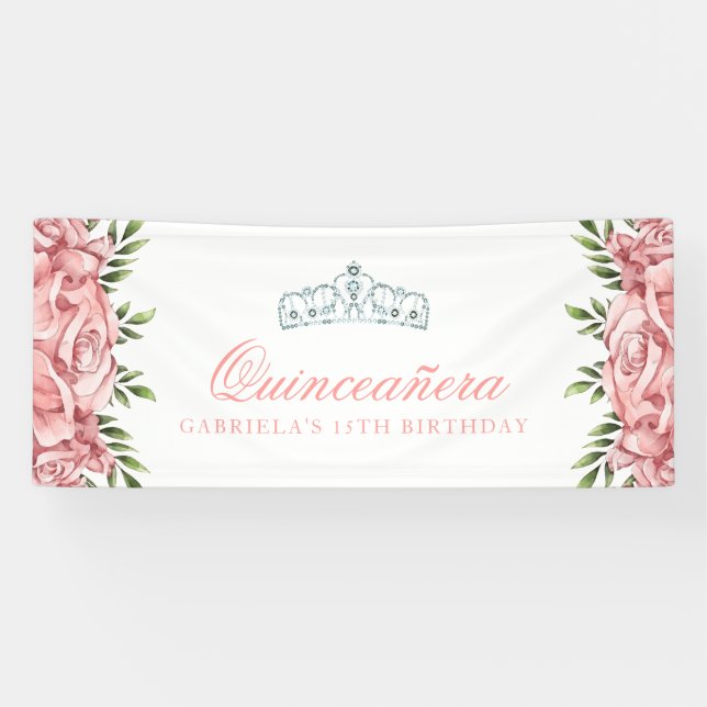 Weiß und Rosa Floral Quinceanera Banner (Horizontal)