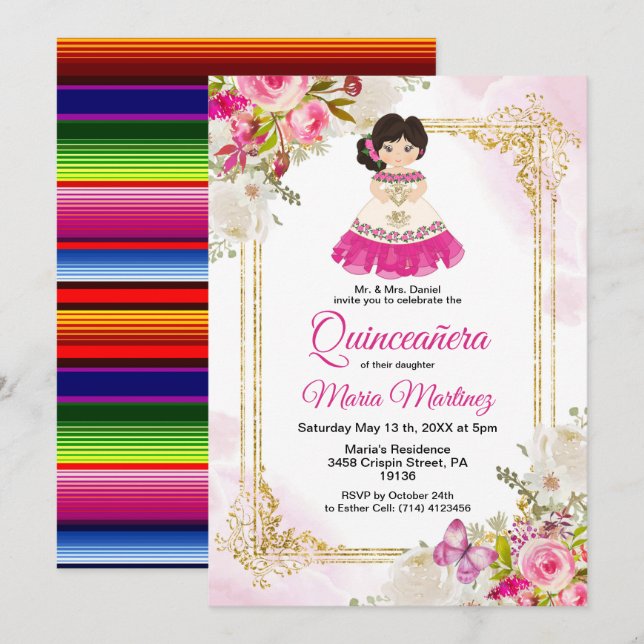 Weiß und rosa Kleid Mexican Girl Quinceanera 1 Einladung (Vorne/Hinten)