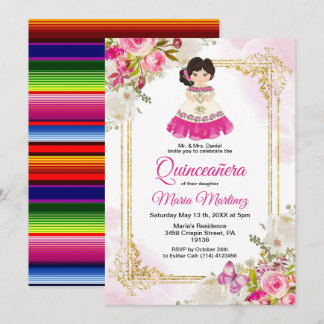 Weiß und rosa Kleid Mexican Girl Quinceanera 1 Einladung