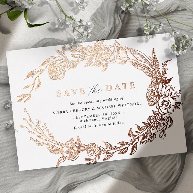 Weiß und Rose Gold | Modern floral Save the Date Folieneinladung (Von Creator hochgeladen)