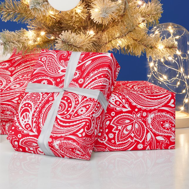 Weiß und Rot-Floral Paisley Muster Wrapping Geschenkpapier (Feiertage)