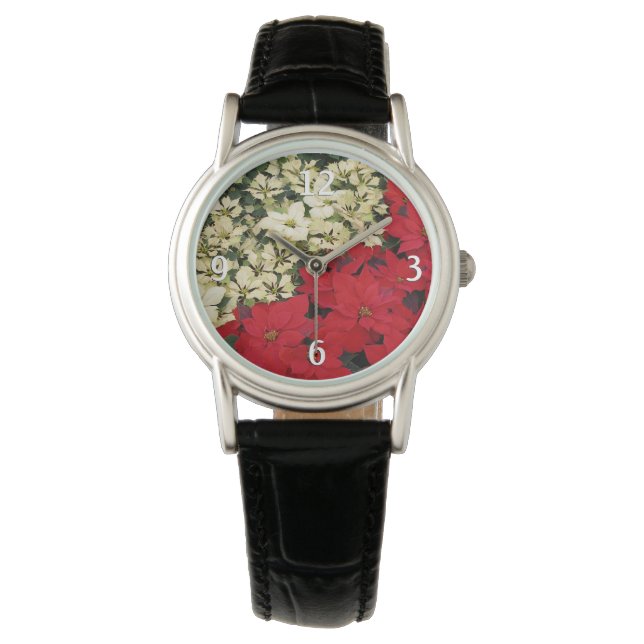 Weiß und rot Poinsettias I Holiday Floral Armbanduhr (Vorderseite)