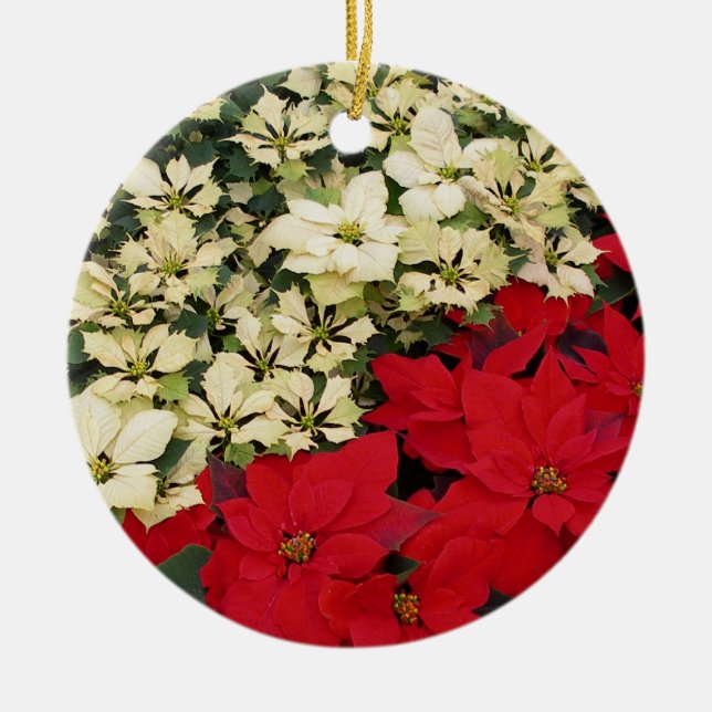 Weiß und rot Poinsettias I Holiday Floral Keramikornament (Vorne)