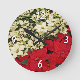Weiß und rot Poinsettias I Holiday Floral Runde Wanduhr