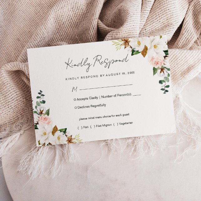 Weiß und rot - Rosa Magnolia Bloral Wedding RSVP Karte (White and Blush Pink Magnolia Floral Wedding RSVP Card)