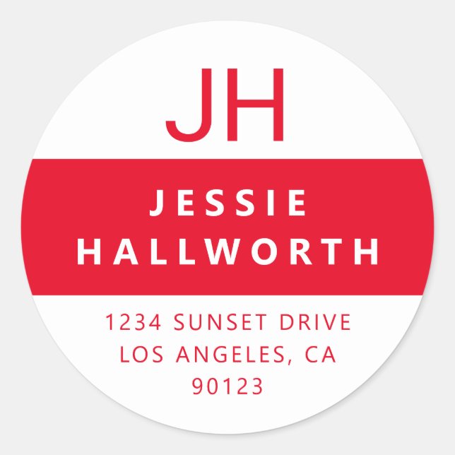 Weiß und rot Stilvoll Modernes Monogramm Runder Aufkleber