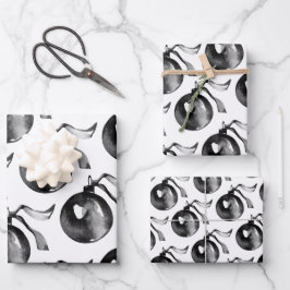 Weiß und Schwarz-Ball-Ornament und Band Geschenkpapier Set