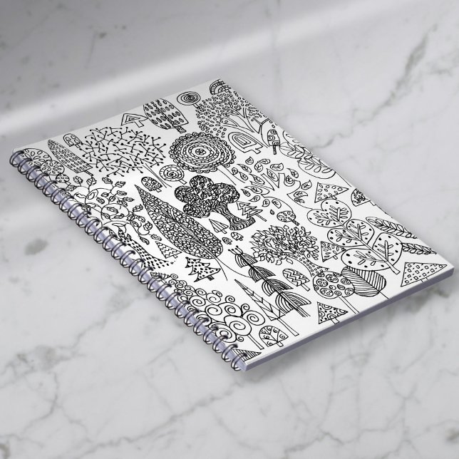Weiß und schwarz dekorative Baummuster Notizblock (Whimsical Black and White Decorative Trees Pattern Notebook)