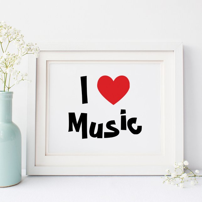Weiß und Schwarz Ich liebe Musik rotes Herz Poster (White and Black I Love Music Red Heart Poste)