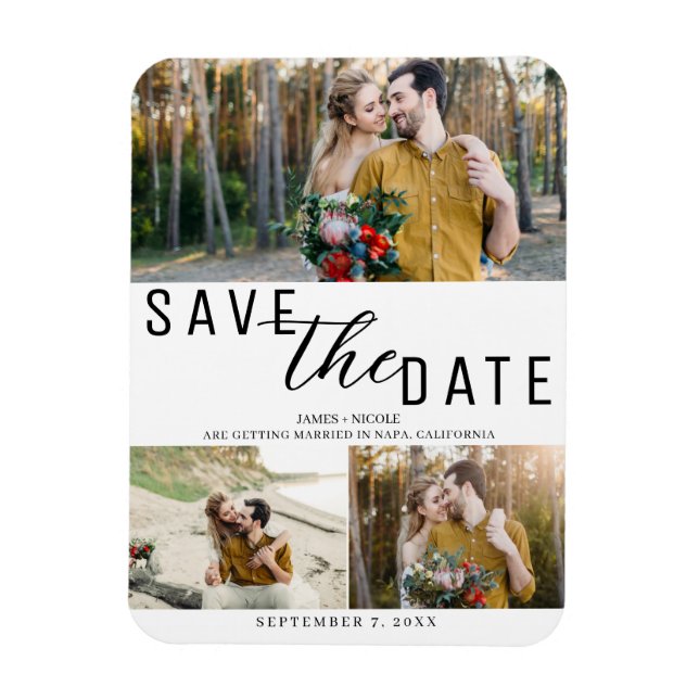 Weiß und schwarz Save the Date Hochzeit 3 Fotos Magnet (Vertikal)