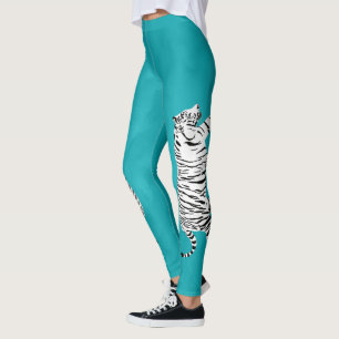 Weiß und Schwarz Tiger auf Aquamarin, türkisblau Leggings