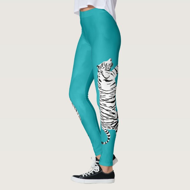 Weiß und Schwarz Tiger auf Aquamarin, türkisblau Leggings (Links)